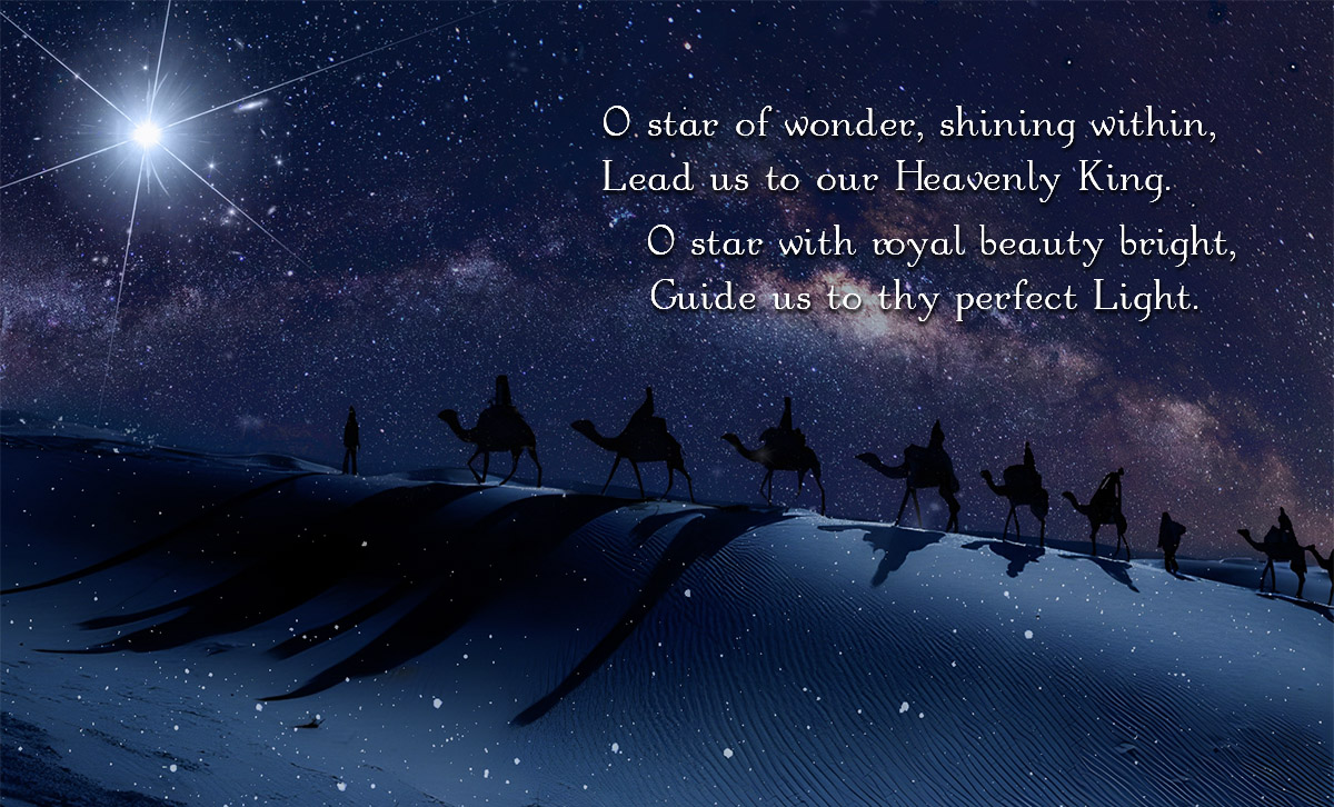 O star of wonder shining within, lead us to our Heavenly King. O star with royal beauty bright, lead us to thy perfect light.